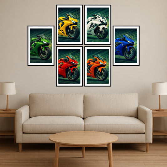 Premium Vibrant Superbikes Wall Art Combo Poster Set | Pack of 6