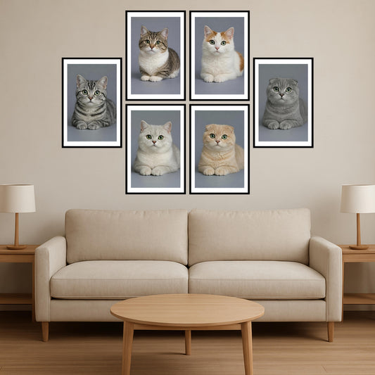 Premium Vibrant Cats Breed Wall Art Combo Poster Set | Pack of 6