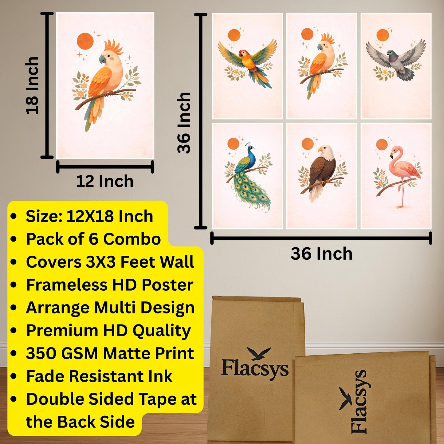Premium Vibrant Birds Painting Wall Art Combo Poster Set | Pack of 6