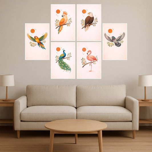 Premium Vibrant Birds Painting Wall Art Combo Poster Set | Pack of 6