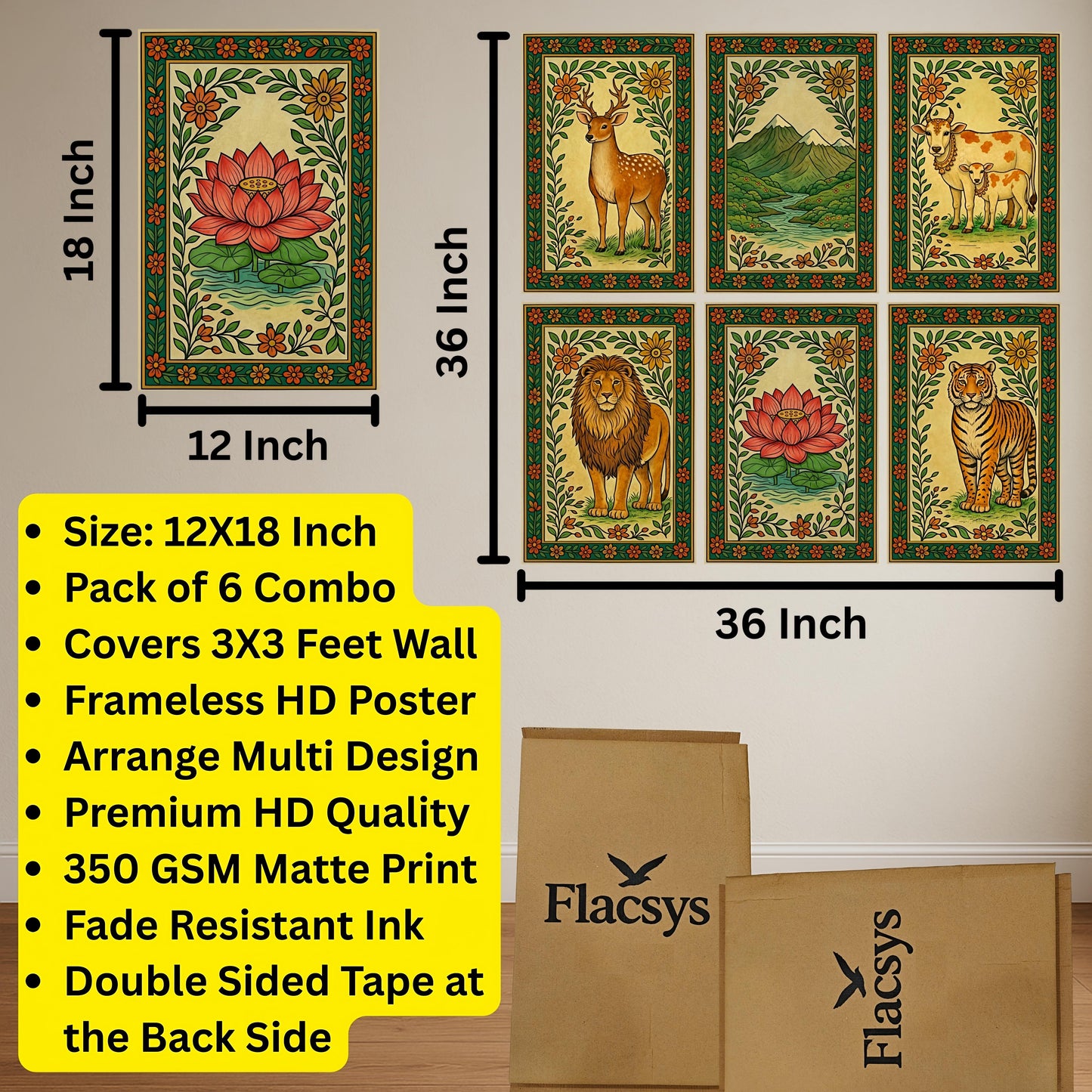 Premium Madhubani Paintings Wall Art Combo Poster Set | Pack of 6