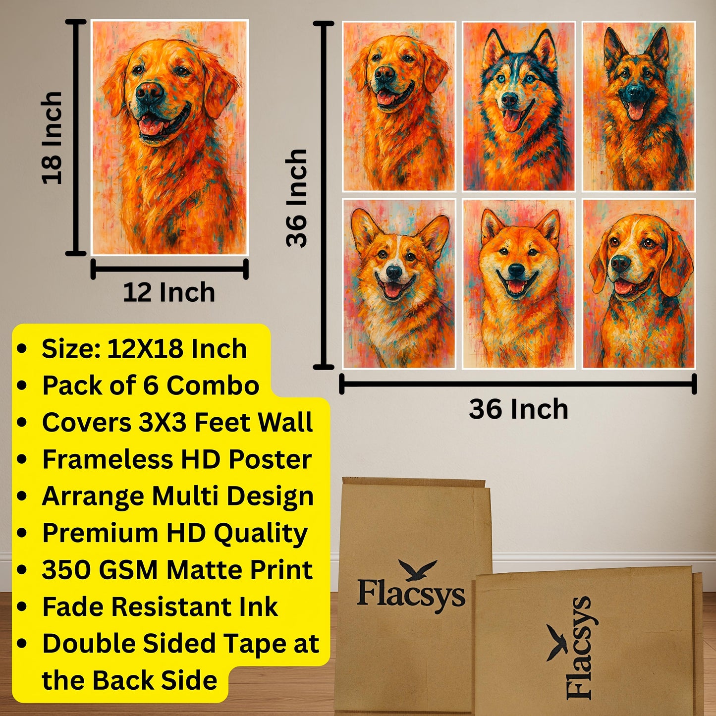 Premium Vibrant Dogs Breed Wall Art Combo Poster Set | Pack of 6
