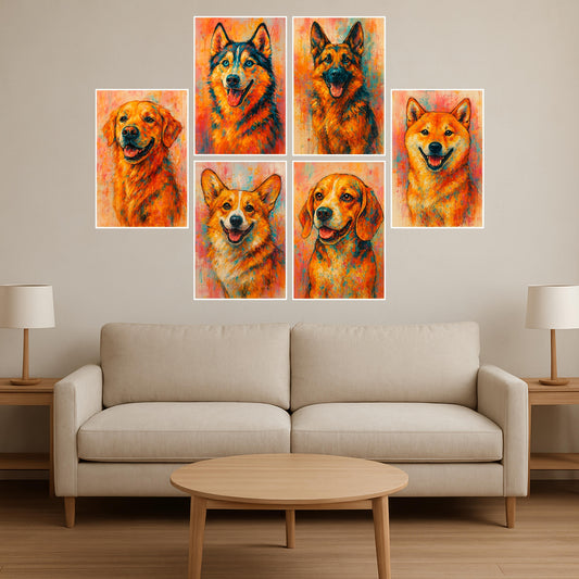 Premium Vibrant Dogs Breed Wall Art Combo Poster Set | Pack of 6