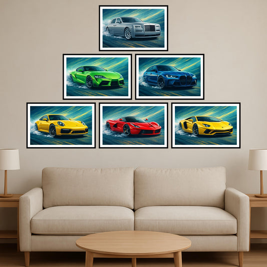Premium Vibrant Supercars Combo Wall Art Poster Set | Pack of 6