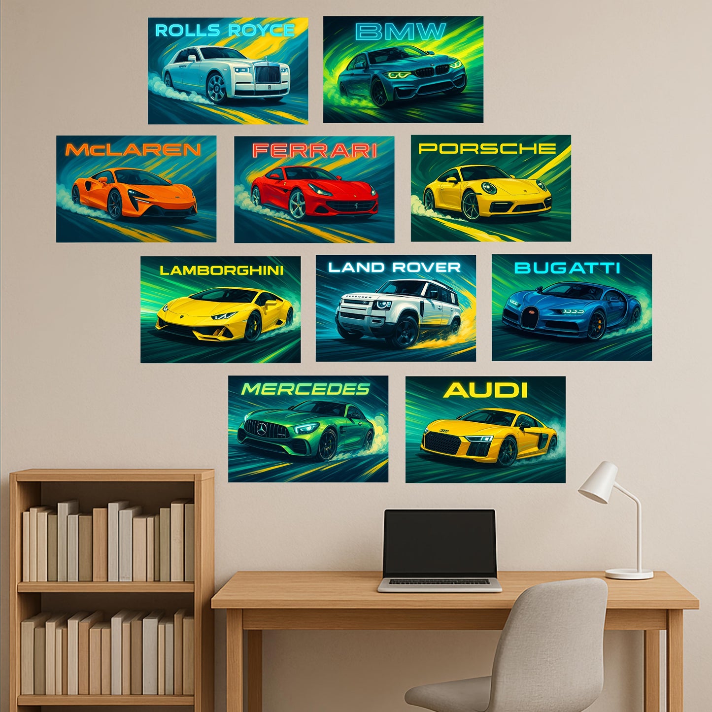 Premium Posters Combo Pack of Iconic Supercars in Vibrant and Futuristic Design.