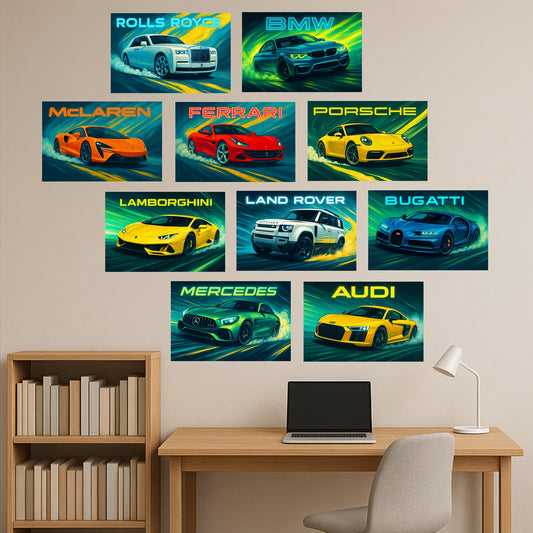 Premium Posters Combo Pack of Iconic Supercars in Vibrant and Futuristic Design.