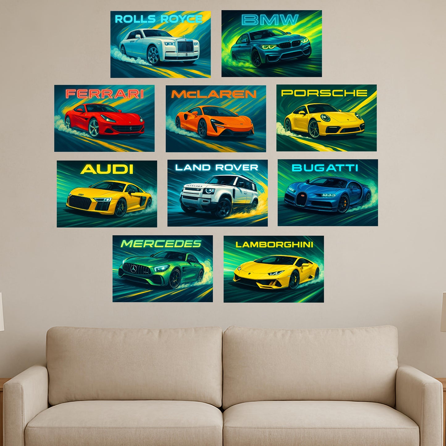 Premium Posters Combo Pack of Iconic Supercars in Vibrant and Futuristic Design.