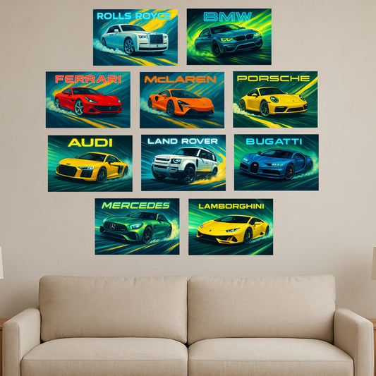 Premium Posters Combo Pack of Iconic Supercars in Vibrant and Futuristic Design.