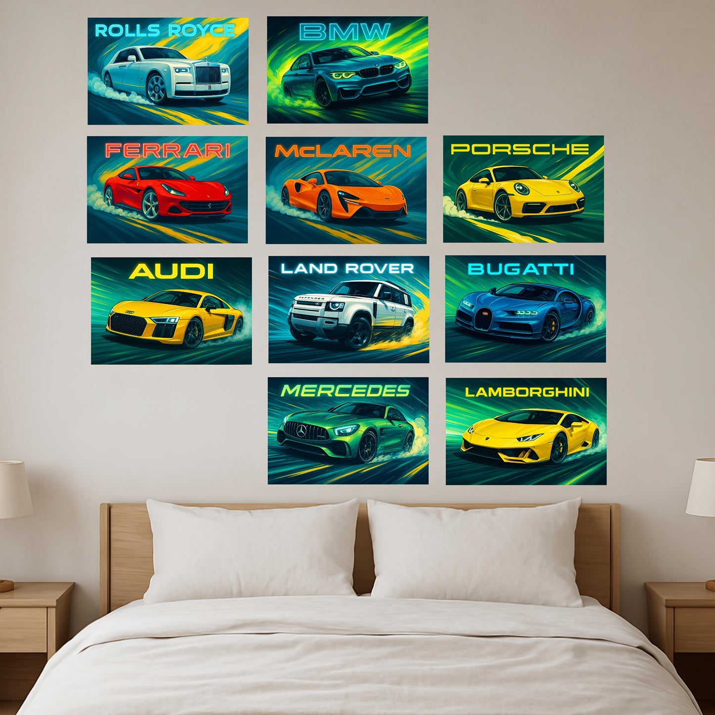 Premium Posters Combo Pack of Iconic Supercars in Vibrant and Futuristic Design.