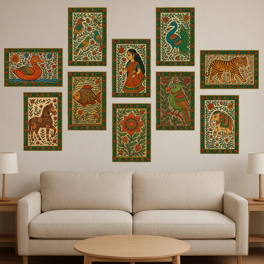 Premium Traditional Madhubani Painting Poster Combo Set for Modern Wall Decor.