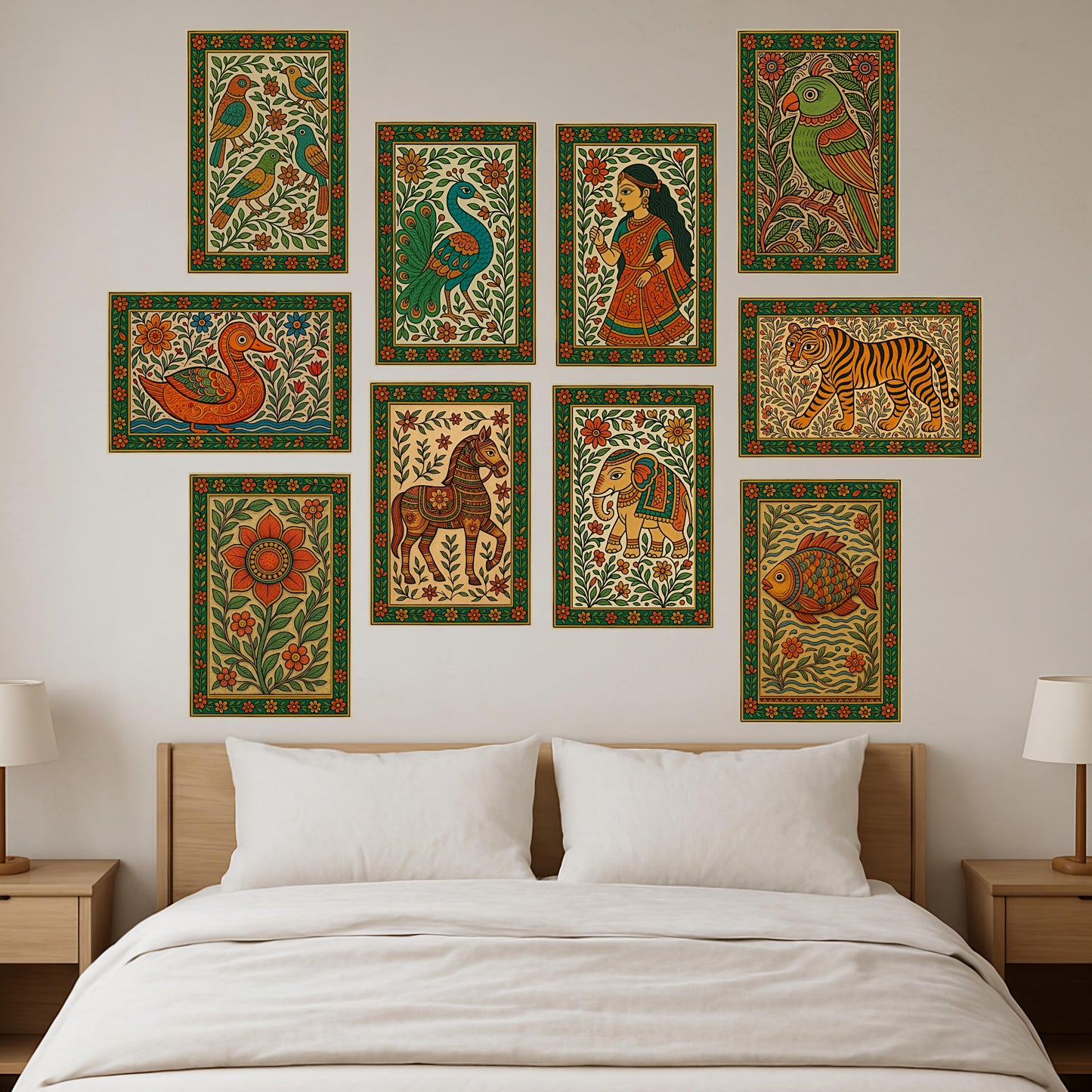 Premium Traditional Madhubani Painting Poster Combo Set for Modern Wall Decor.
