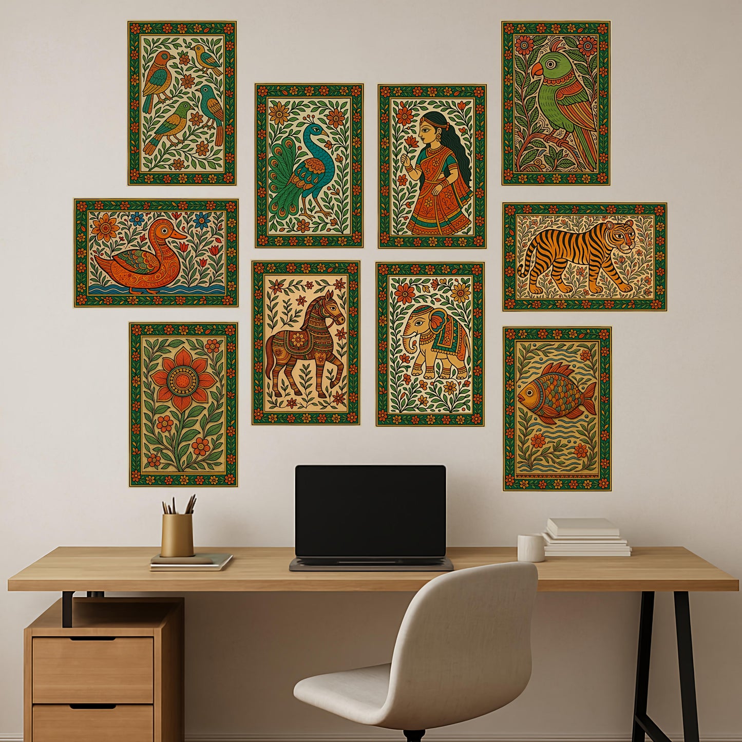 Premium Traditional Madhubani Painting Poster Combo Set for Modern Wall Decor.