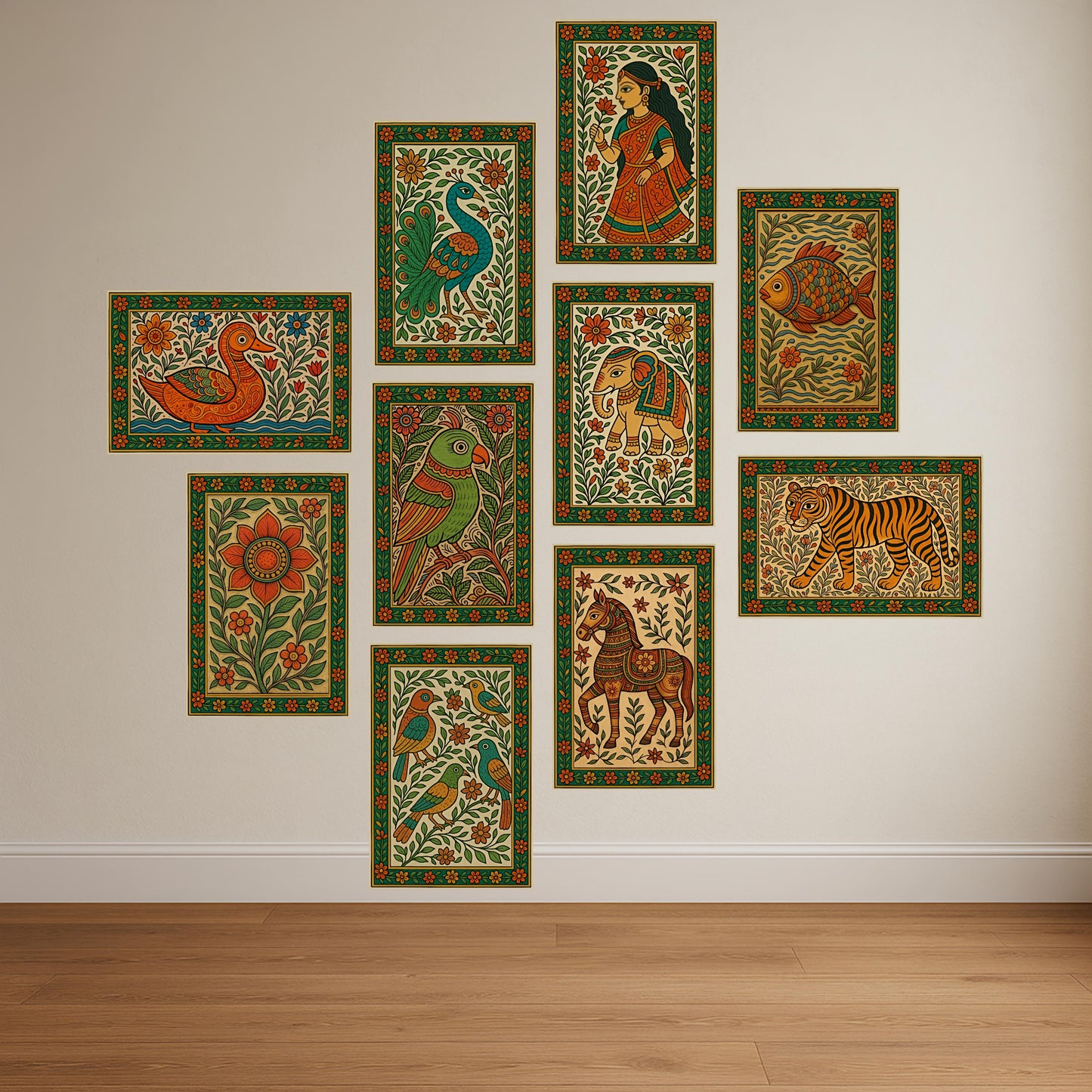 Premium Traditional Madhubani Painting Poster Combo Set for Modern Wall Decor.