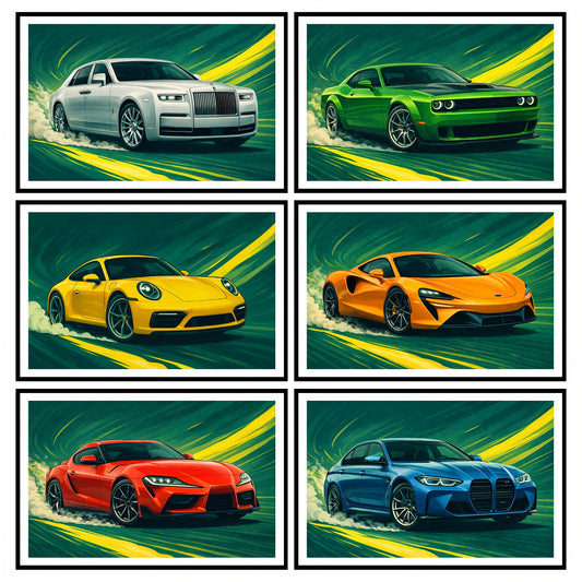 Premium Posters Combo Pack of Iconic Supercars in Vibrant and Futuristic Design.