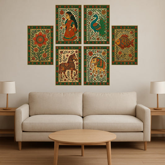 Premium Madhubani Paintings Combo Poster Set | Pack of 6
