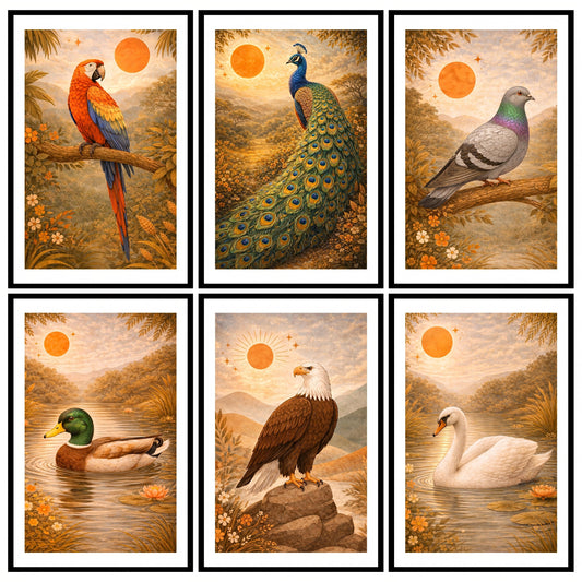 Premium Boho Wall Art Birds Combo Poster Set | Pack of 6