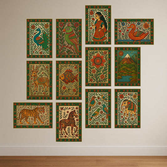 Premium Madhubani Paintings Combo Poster Set | Pack of 12