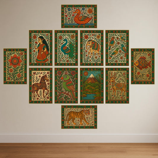 Premium Madhubani Paintings Combo Poster Set | Pack of 12