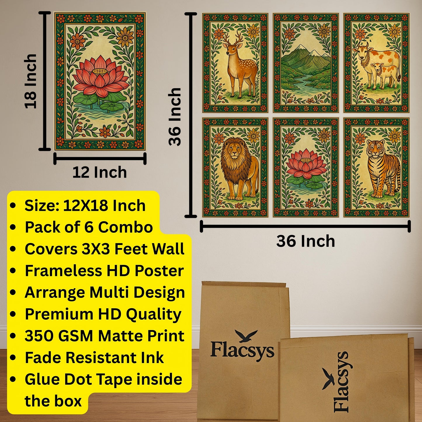 Premium Madhubani Paintings Wall Art Poster Combo Set | Pack of 6