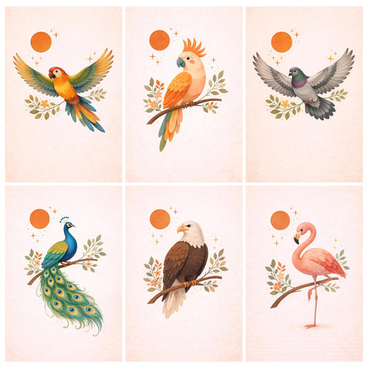 Premium Vibrant Birds Painting Wall Art Combo Poster Set | Pack of 6