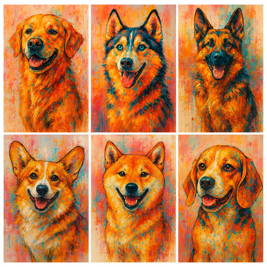 Premium Vibrant Dogs Breed Wall Art Combo Poster Set | Pack of 6