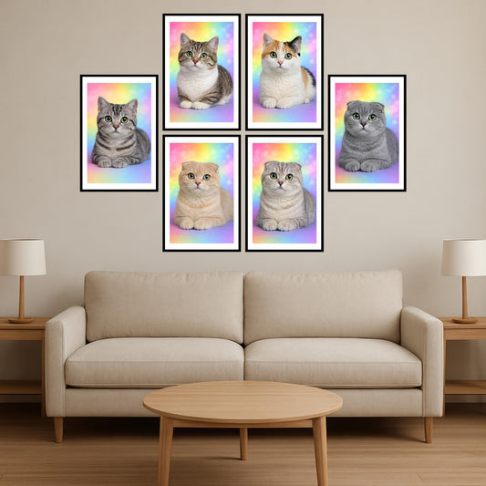 Premium Vibrant Cats Breed Wall Art Combo Poster Set | Pack of 6