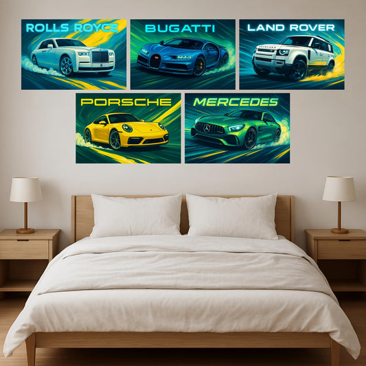Premium Vibrant Supercars Wall Art Combo Poster Set | Pack of 5